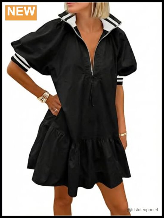 Dresses & Skirts - Suede Overall Dress Button Pinafore Jumper Mini Dress Puff Sleeve Half Zip